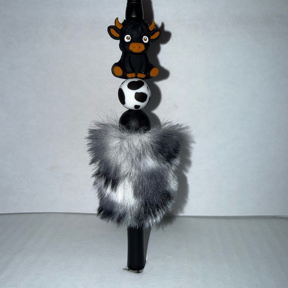 Handmade Other - Handmade Beaded Pen- Black 3D silicone cow with silicone beads and furry base